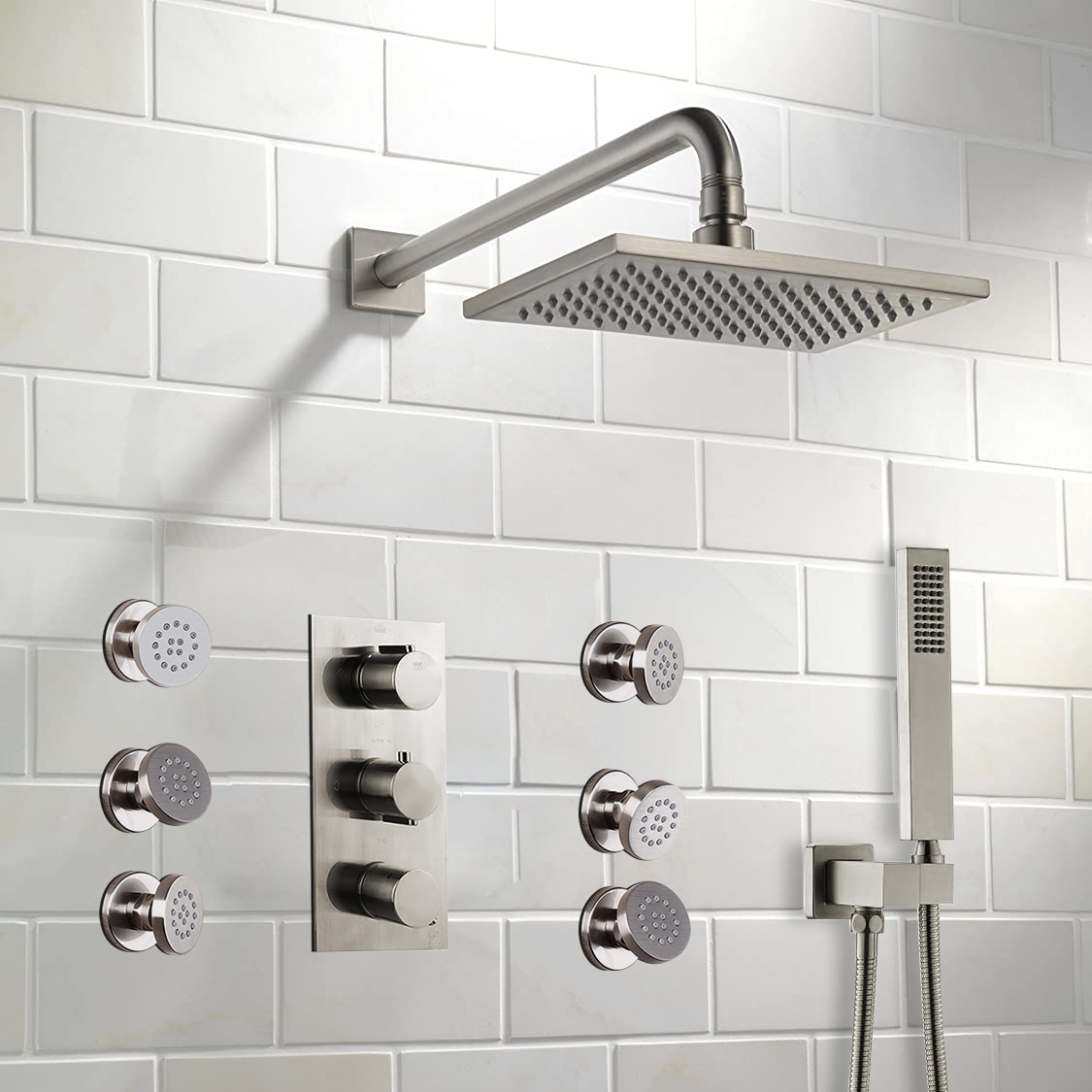 BathSelect Brushed Nickel Shower With Adjustable Body Jets And Mixer-Wall Mount Style